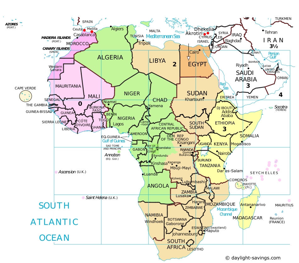 Africa Time Zones Map Current local time with time zone