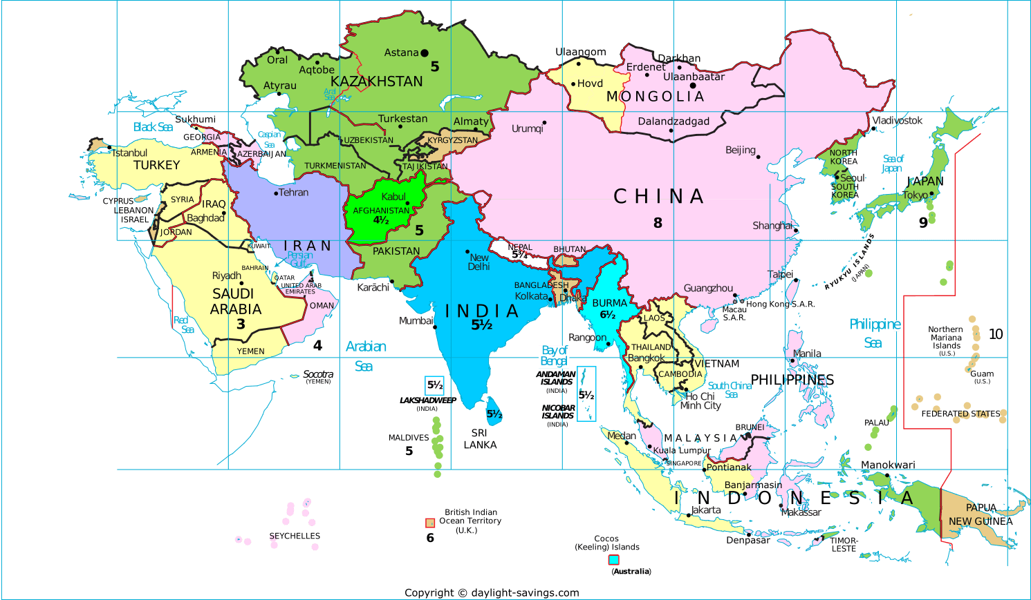 Asia Time Zones Map live current local time and time zone Daylight