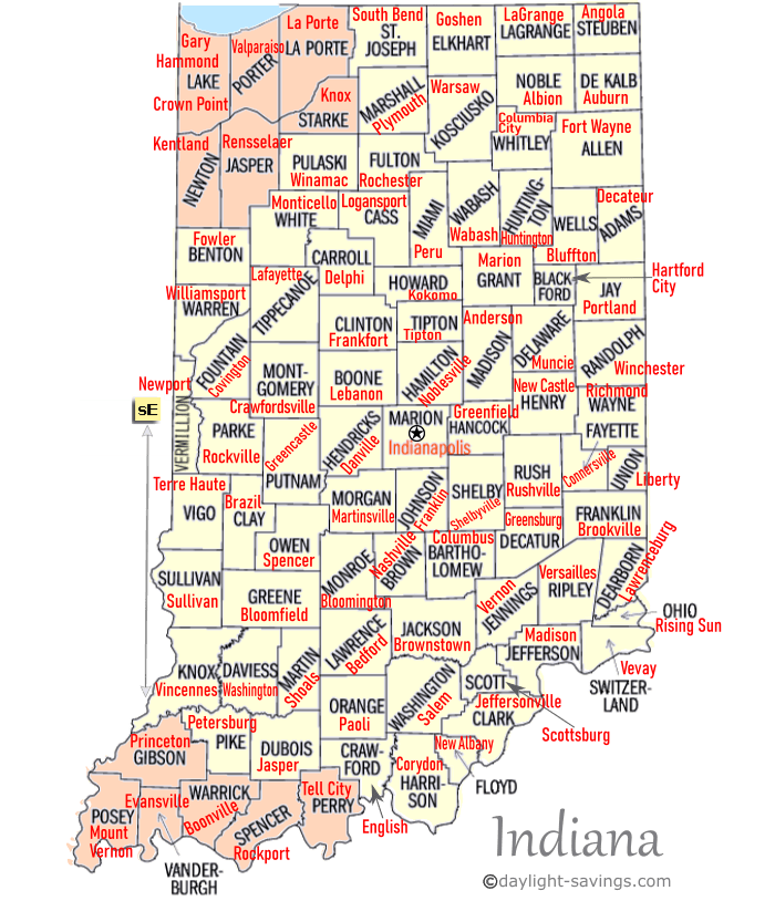 Indiana Time Zone Map Counties and seats in Indiana by time zone