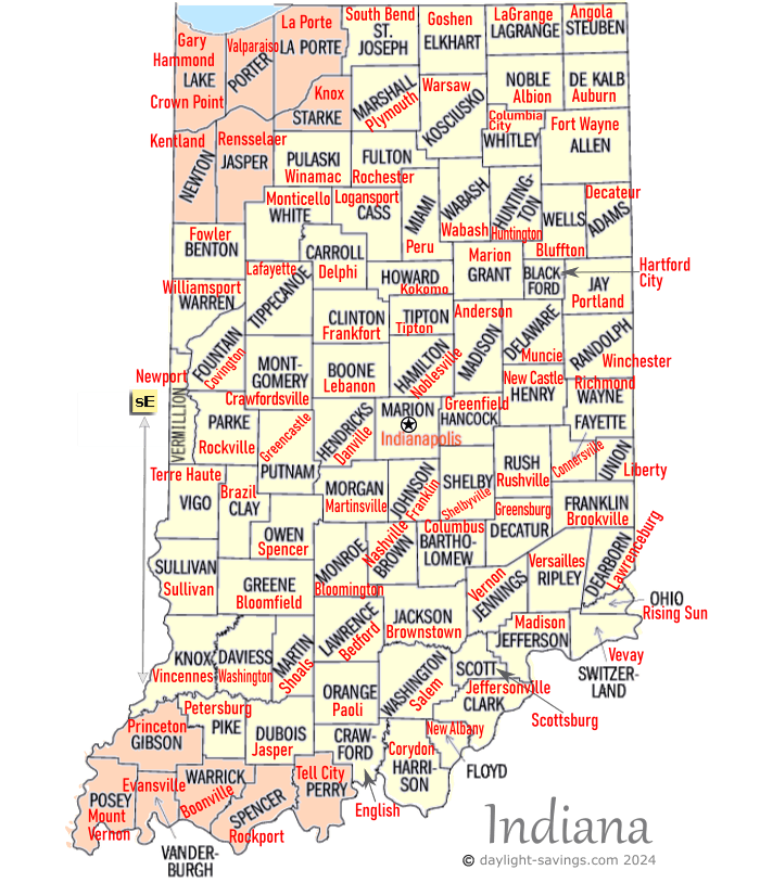 Indiana Time Zone Map Indiana Time Zones By County And County Seats