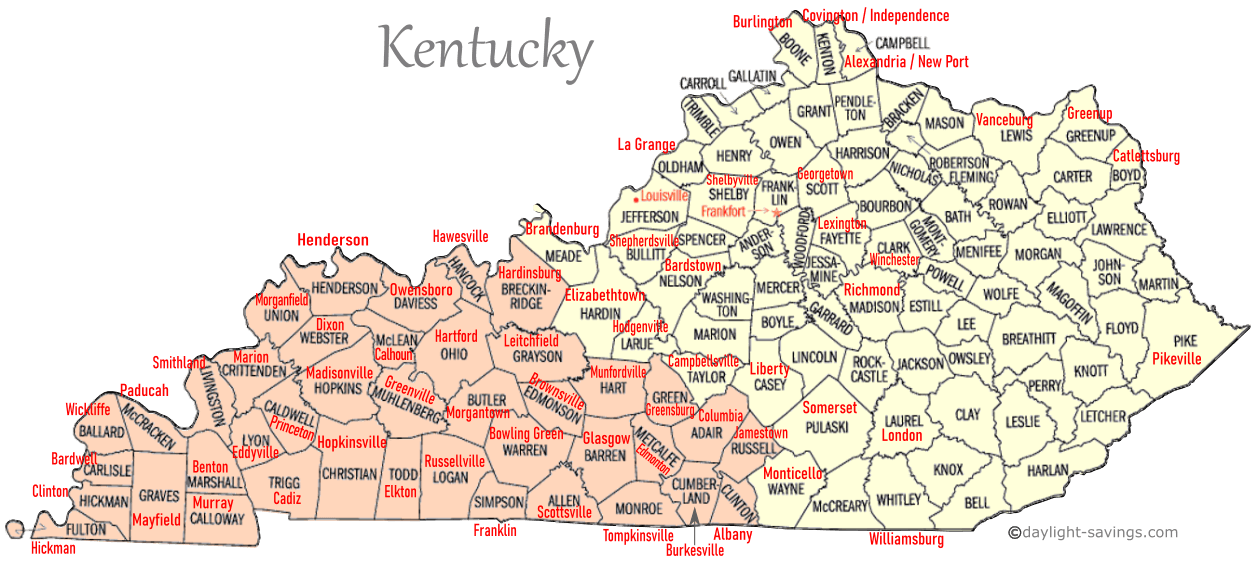 Kentucky Time Zone Map Counties and seats in Kentucky by time zone