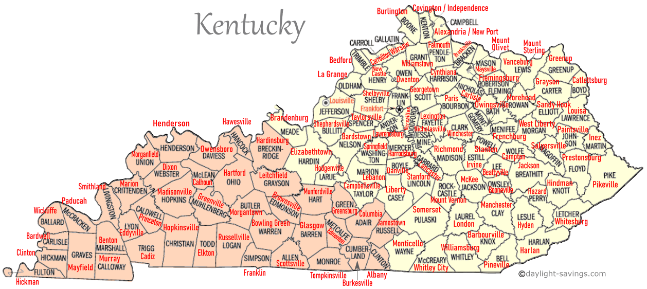 Kentucky Time Zone Map Counties and seats in Kentucky by time zone