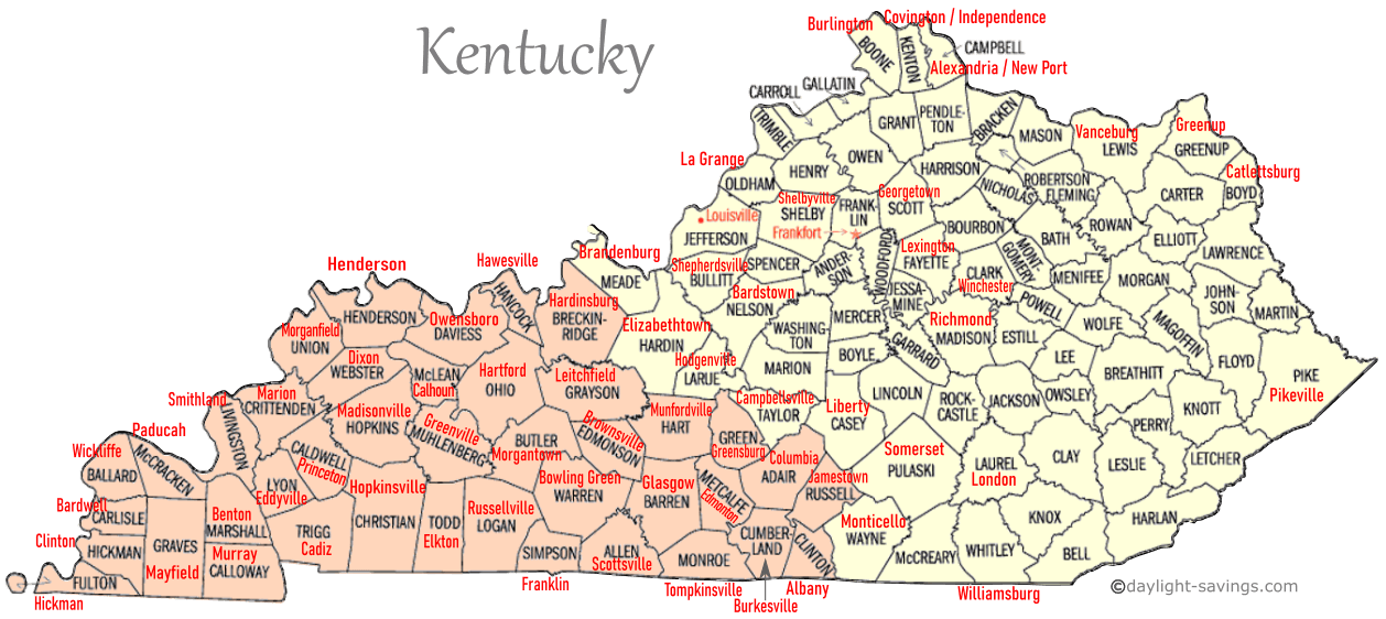 Kentucky Time Zone Map Counties And Seats In Kentucky By Time Zone