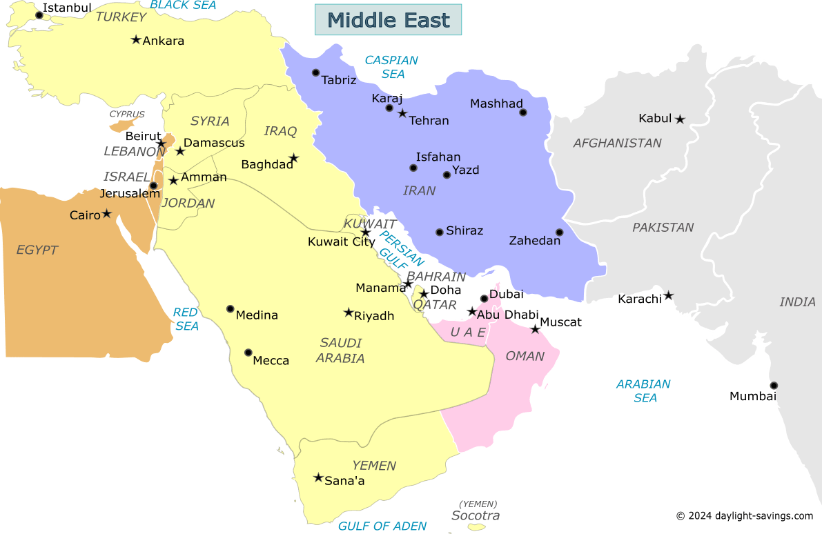Middle East Time Zone Map live - Current local time with time zone ...