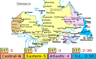 Ontario and Quebec Time Zones Map