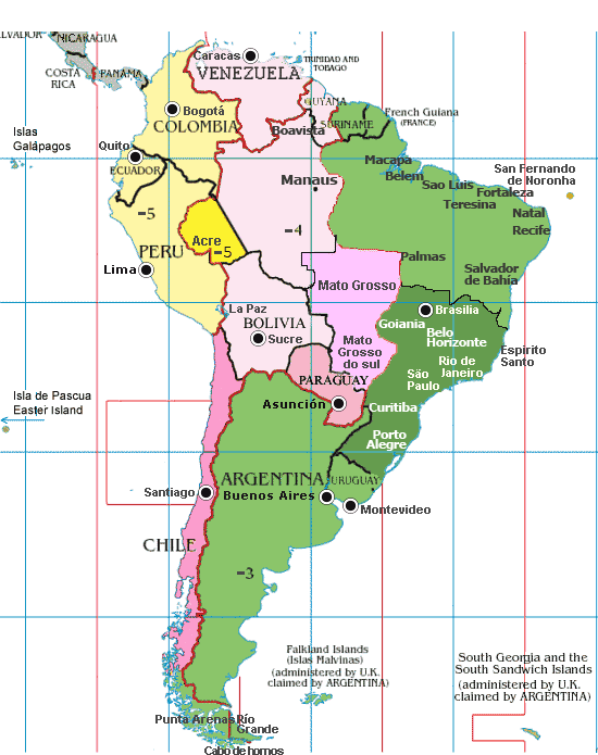South America Time Zones Map live - local time