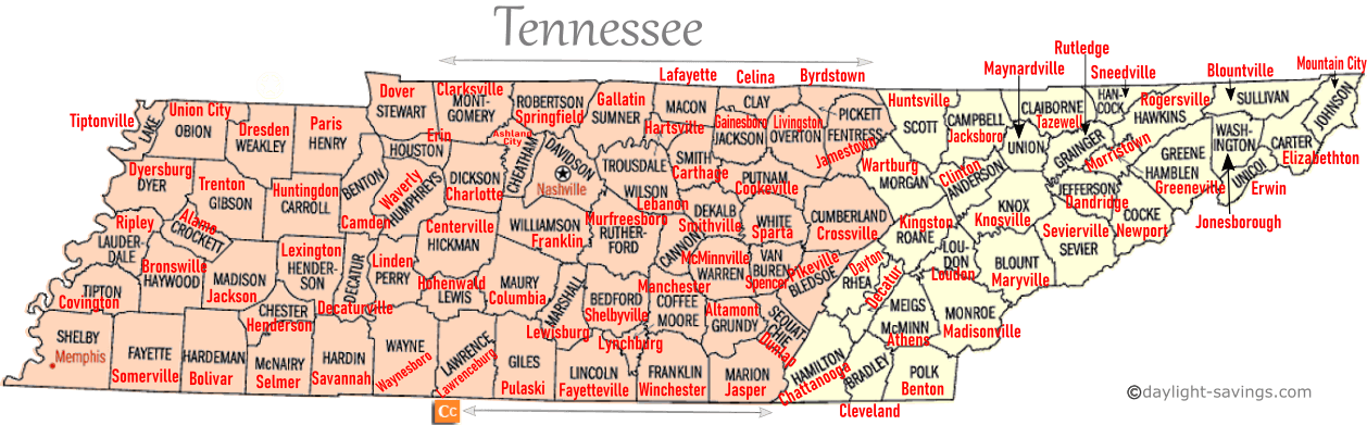 Tennessee Time Zone Map Counties And Seats In Tennessee By Time Zone