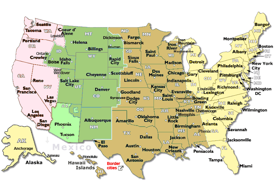 map of time zones in us